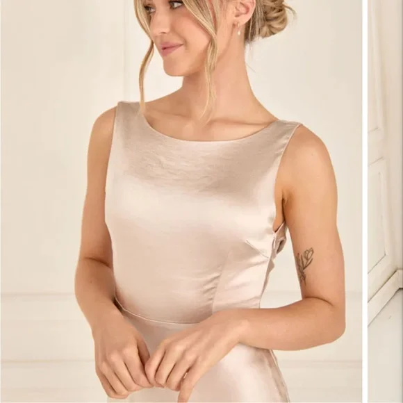 Cowl Back Satin Bridesmaid Dress - Oyster - Picture 4 of 5
